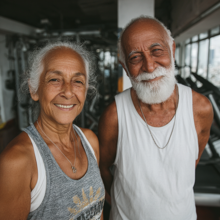 Grupo de adultos mayores realizando ejercicios de estiramiento en un ambiente natural